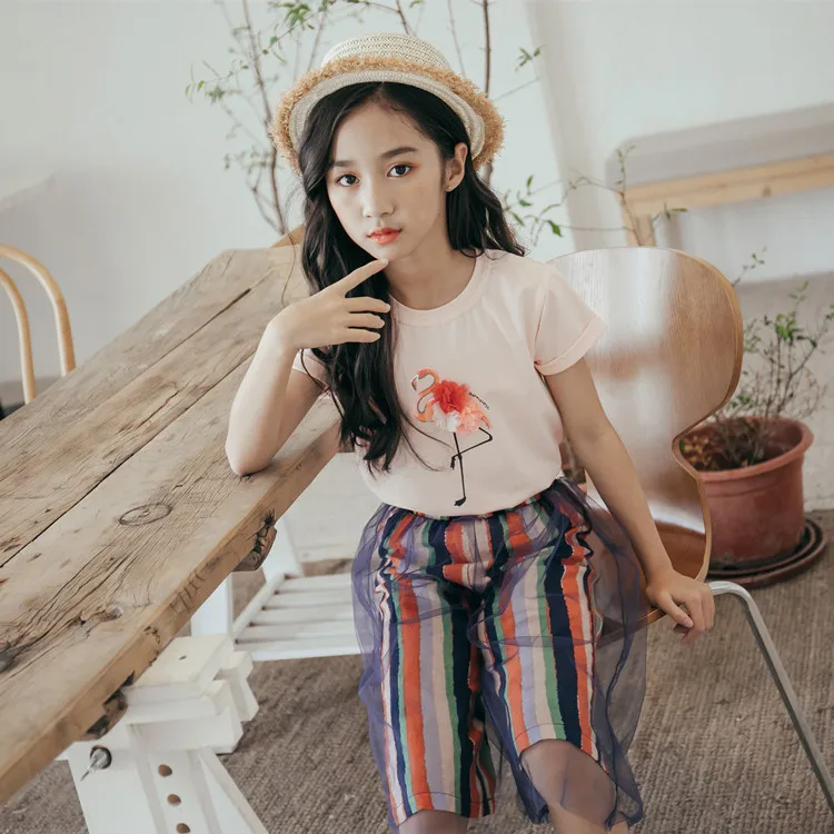 Striped Wide leg Pants Teenage girls clothing 2019 New Summer Clothes Cotton Printed Short-sleeve Tops two pieces sets 8 10 12 | Детская