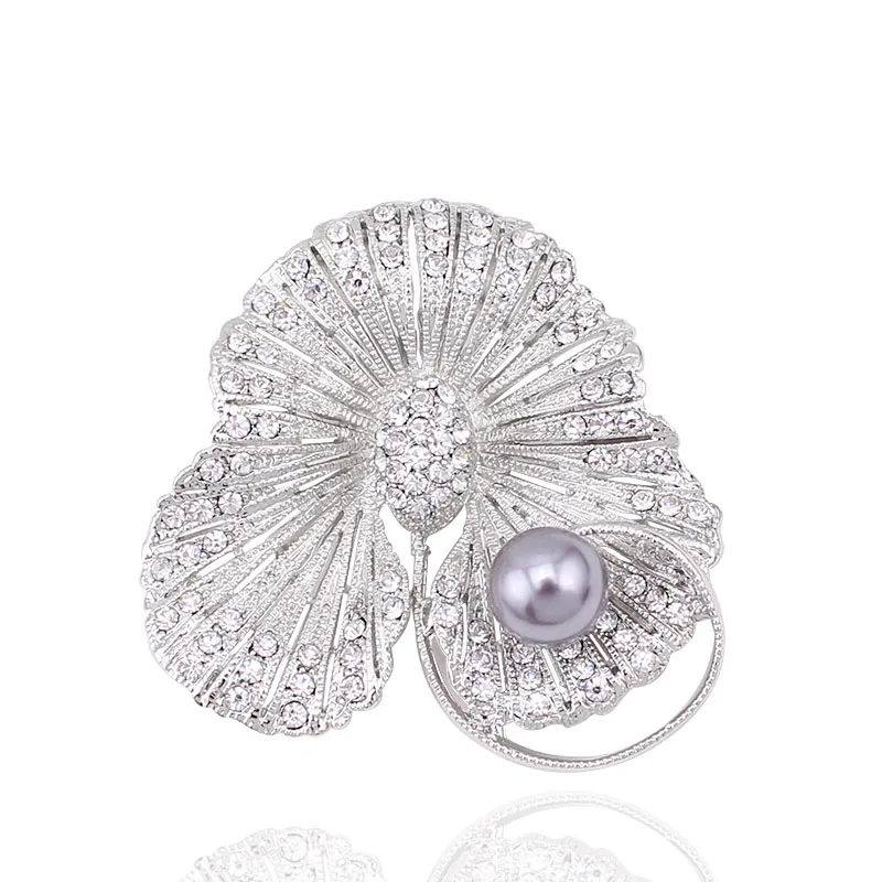 Crystal Rhinestone Simulated Pearl Feather Wedding Flower Pin Brooch Elegant New Vintage Round Shape Bright Jewelry BH8254 | Украшения и
