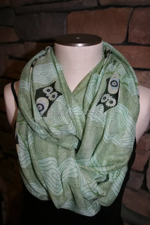 

Chunky green Owl Infinity Scarf Owl Accessories Summer Scarf