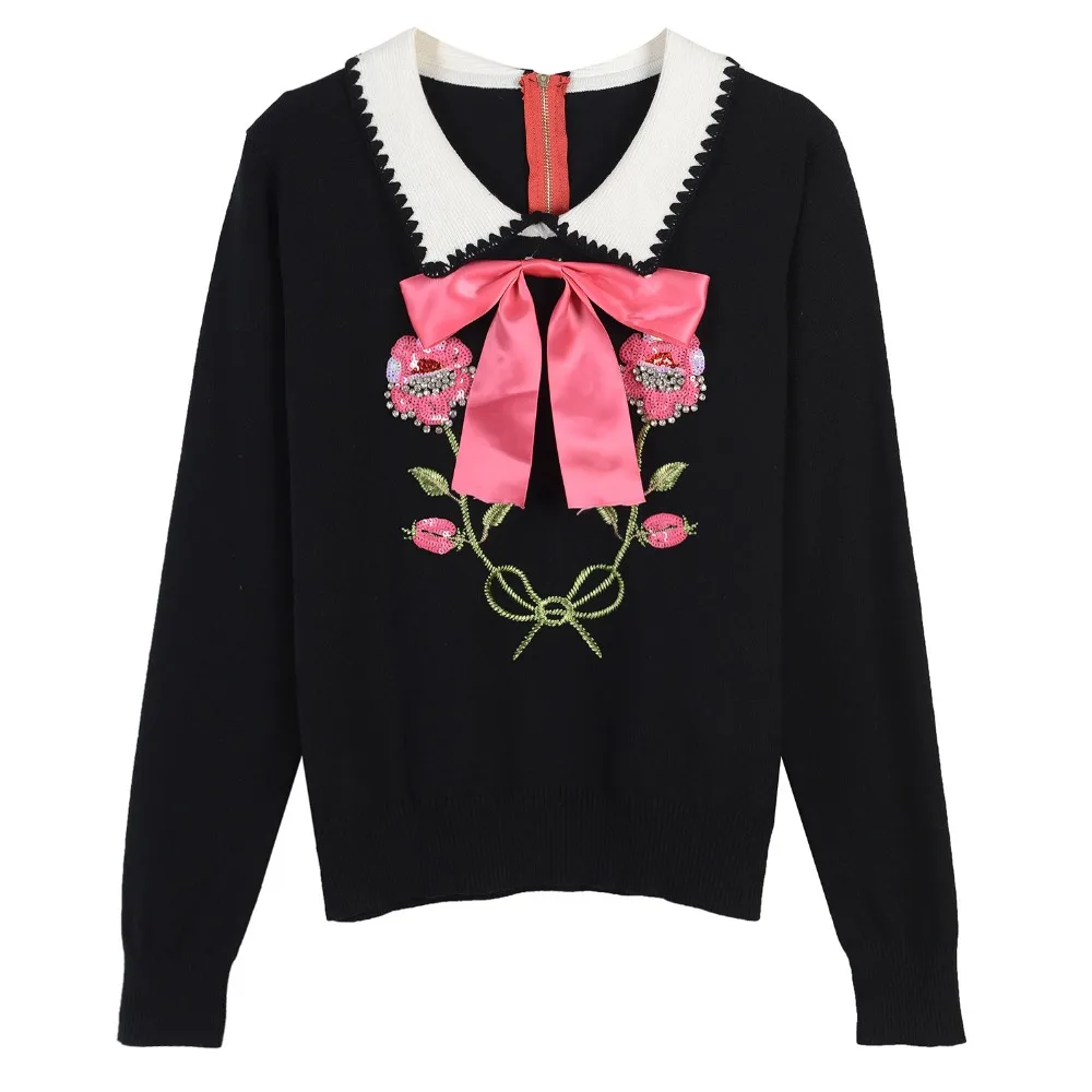 Fashion Runway 2020 Winter Women's Sweaters Embroidery Sequins Diamonds Flower Pullovers Female Knitted Tops Black Thin Clothing | Женская
