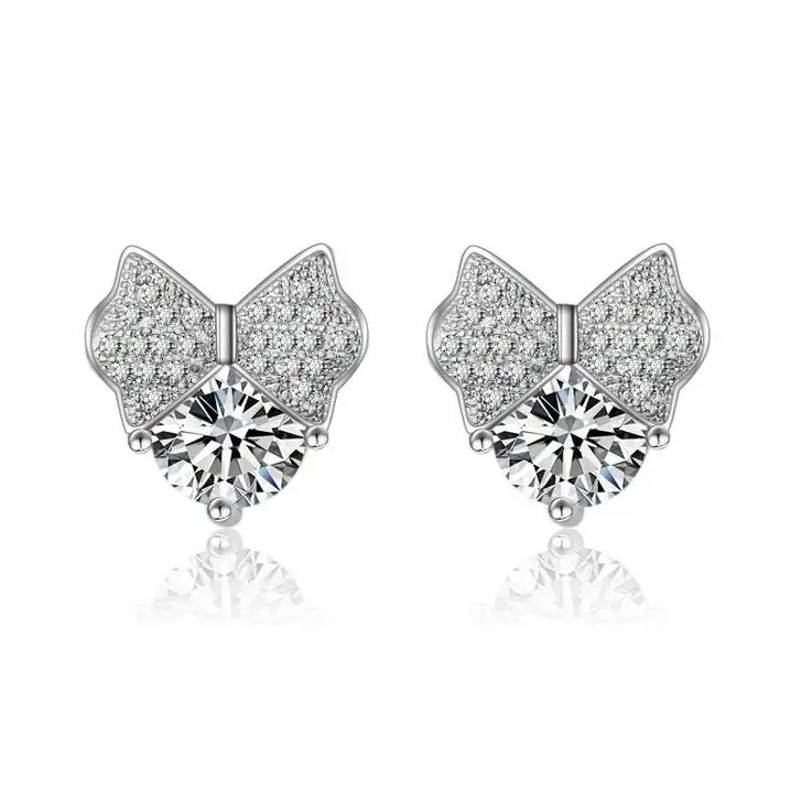 

New arrival hot sell shiny CZ zircon bowknot 925 sterling silver ladies`stud earrings women jewelry drop shipping
