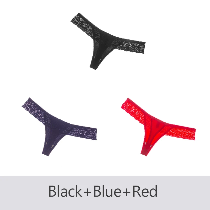 Black Blue Red 3 шт./лот, женские трусики, нижнее белье, сексуальные стринги, кружевные, Т-образные, прозрачные, женские трусы, женское хлопковое белье DULASI - Цвет: Black Blue Red