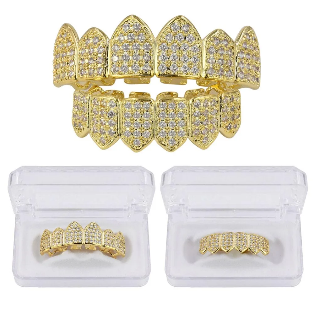 TOPGRILLZ Hip Hop Grillz Teeth Caps Gold Color Plated Luxury Micro Pave CZ Stones Top & Bottom Teeth Grills Set Ship From US