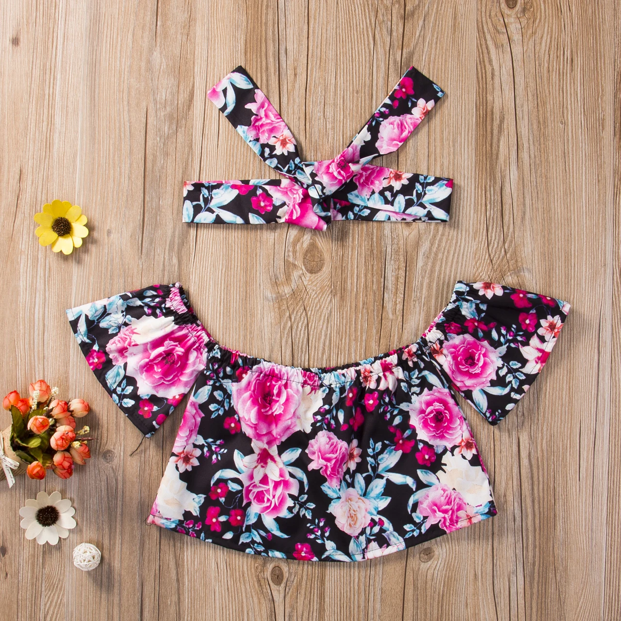 Новинка 2018 летняя милая детская блуза с открытыми плечами и цветочным принтом