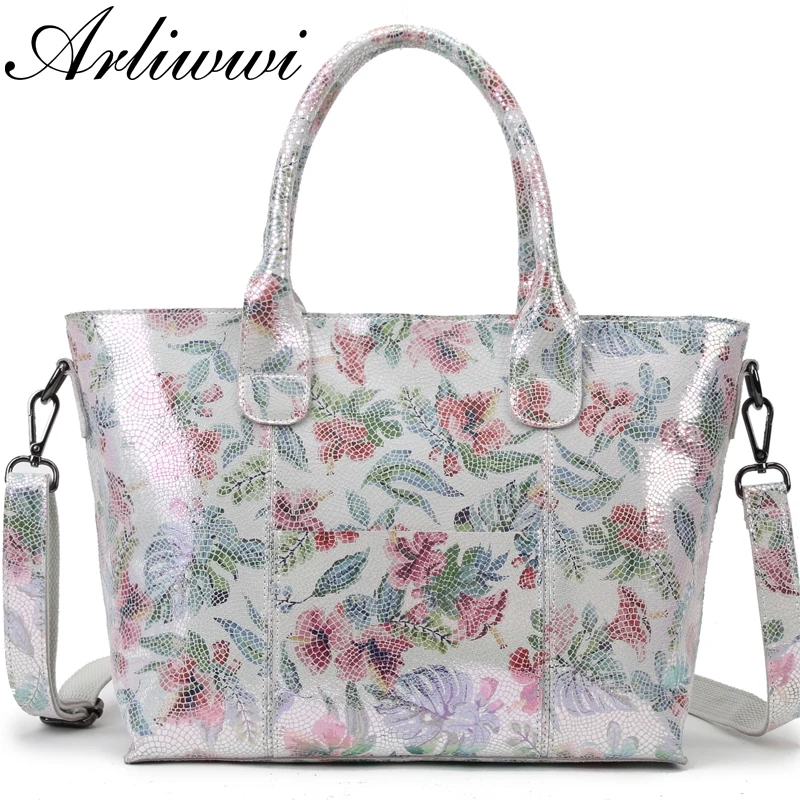 Женская сумка тоут из 100% натуральной кожи с блестящими цветами воловьей