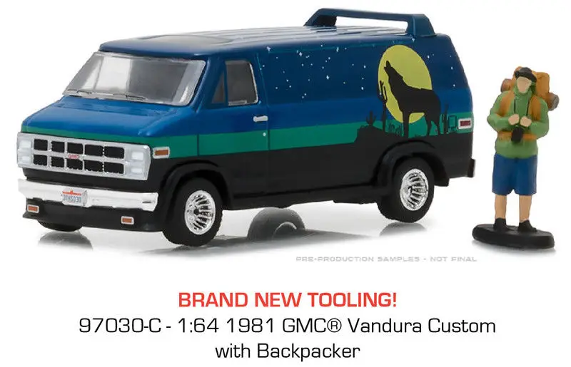 Зеленый светильник 1: 64 1981 GMC Vandura на заказ с рюкзаком игрушечная машинка из сплава игрушки для детей литая под давлением модель автомобиля подарок на день рождения