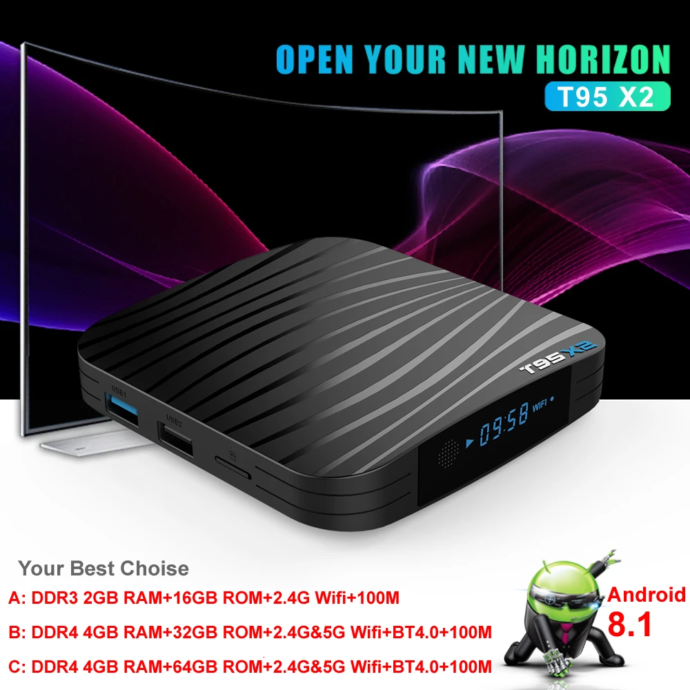 T95X2 Android 8,1 Smart tv Box DDR4 4 Гб 64 Гб четырехъядерный процессор Amlogic S905X2 Bluetooth 2,4G/5G двойной wifi USB3.0 3D HDR 4K телеприставка