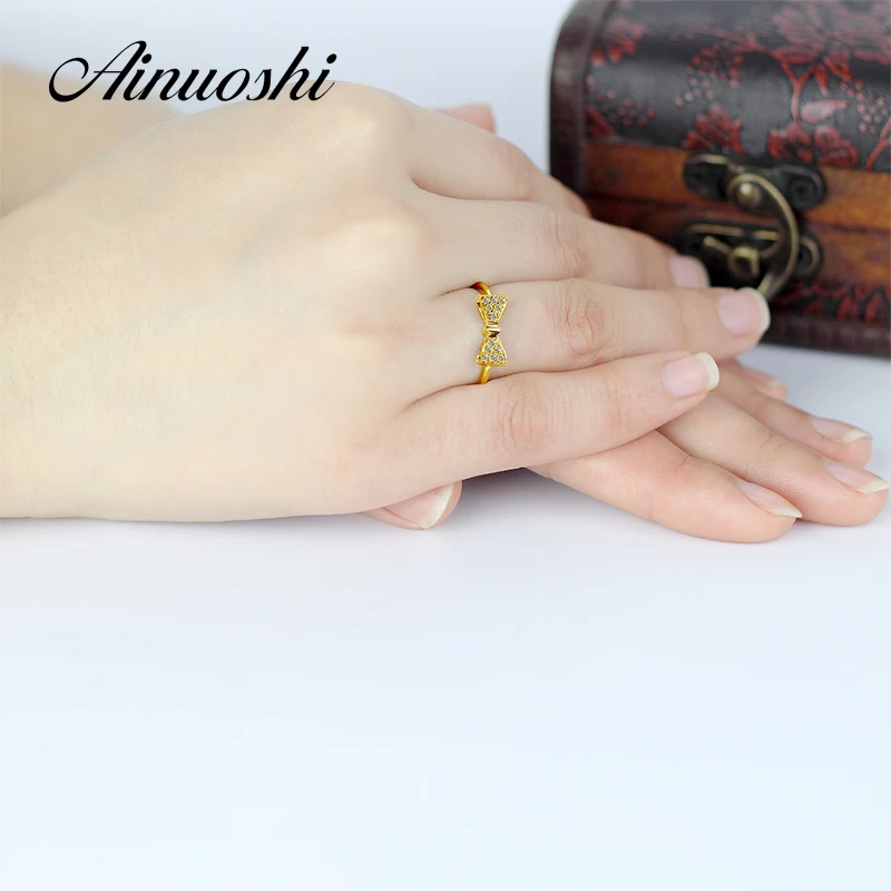 AINUOSHI 14 K массивная, желтая, Золотая кольцо-бантик SONA, Имитация Алмазный Форма банта ювелирные изделия для женщин Свадебные обручальные сборные кольца подарок