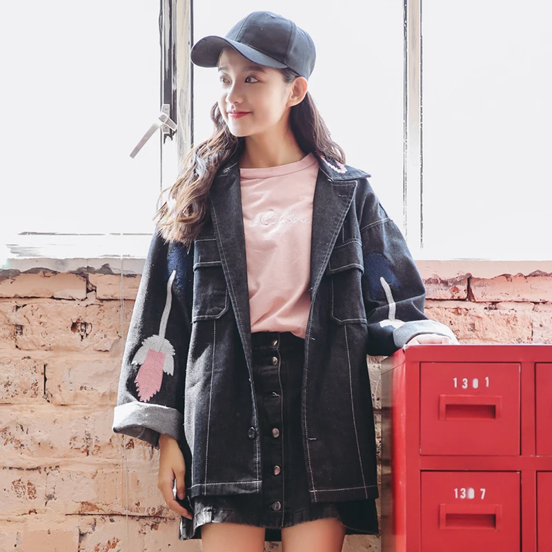 Вышивка джинсовый жакет Женский 2018 Новый Harajuku ветер Демисезонный Корейская