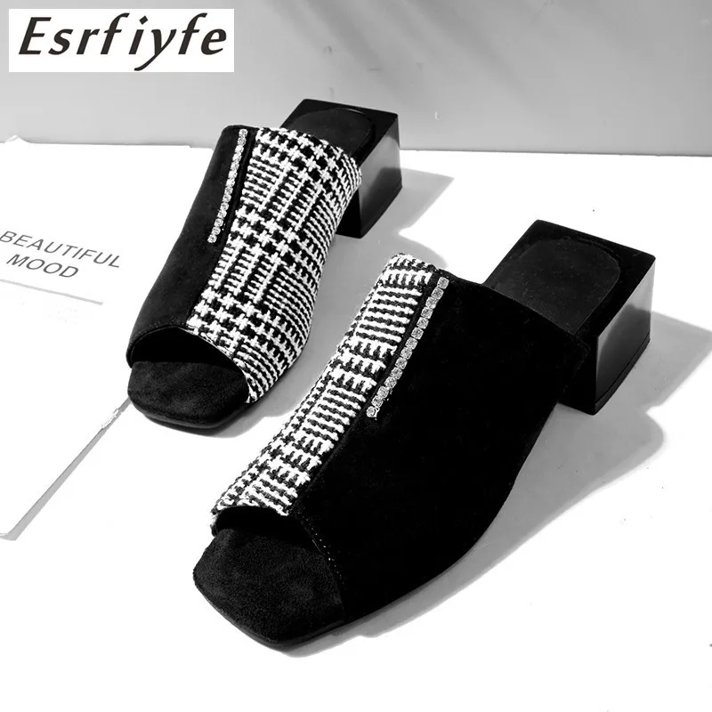 

ESRFIYFE 2021 New Big Size 34-48 Summer Women Slippers Square High Heels Open Toe Shoes Woman Top Quality Casual Women Mules