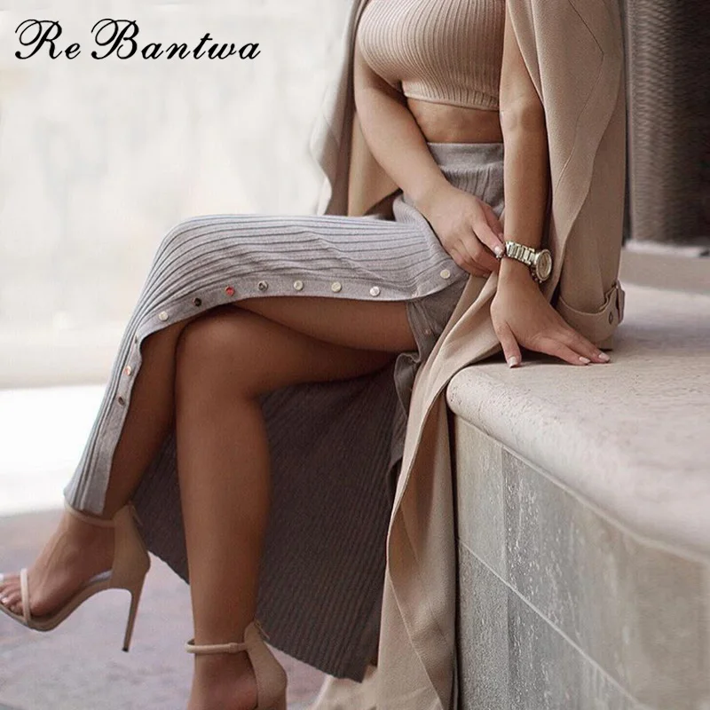 Rebantwa женские черный серый цвета Разделение Макси тонкие трикотажные юбка