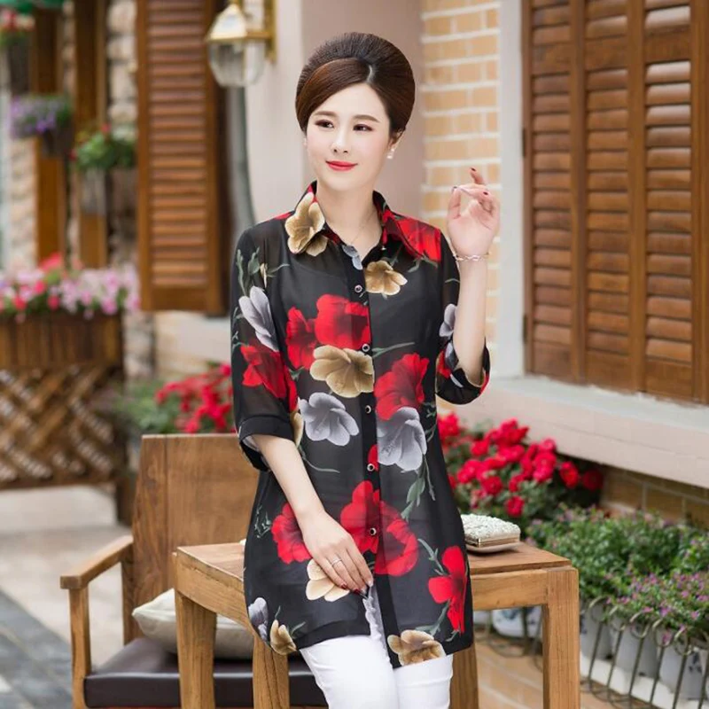 Mother Clothing Summer Print Chiffon Blouse Shirt Cardigans 2019 Middle Aged Women Fashion Plus Size Half Sleeve Casual Tops | Женская
