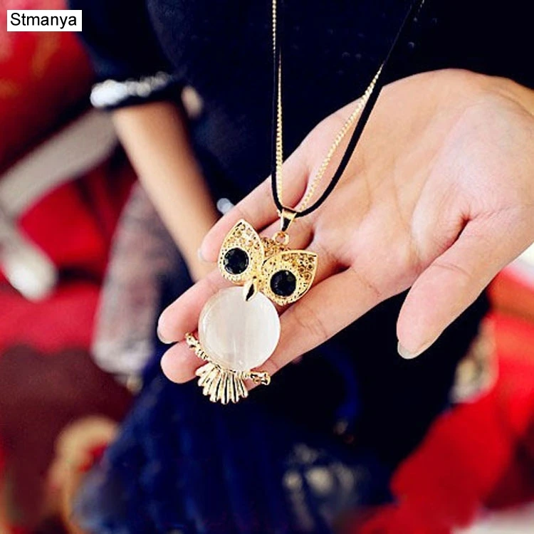 

Owl Necklace - New Fashion Hot Sale Animal Pendant Necklace Opal Body Crystal Green Eye Gold Owl Long Necklace Wholesale N1039