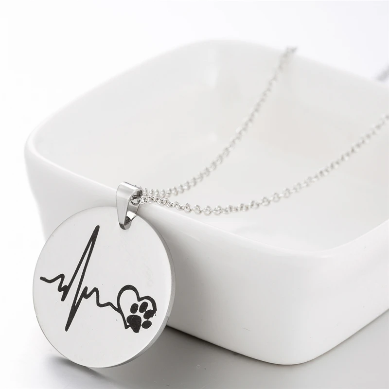 Yiustar Tiny Round Shape Electrocardiogram Necklace Boys Girls Love Stainless Steel Pet Paw Necklaces Women Accessories | Украшения и