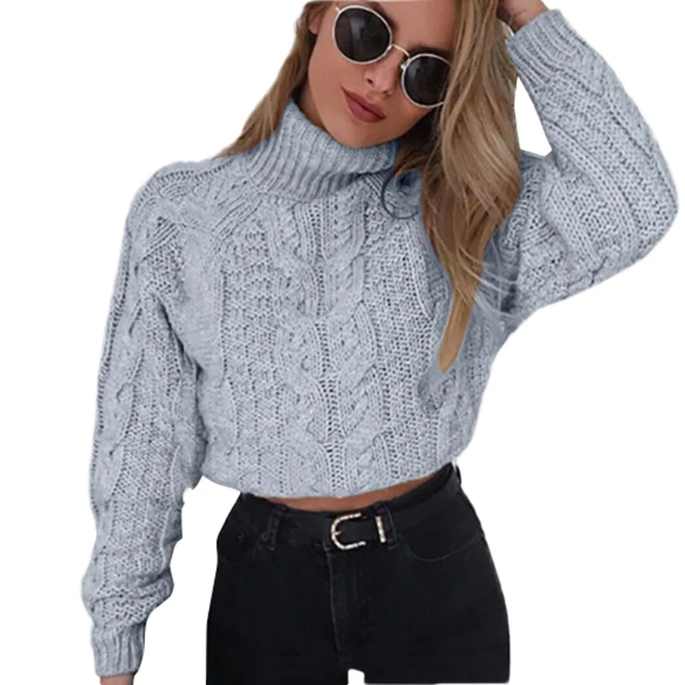Girls Winter High collar sexy umbilical twist Casual Knitted Pullover Sweater fashion 2018 women Solid Color Cropped Sweaters | Женская