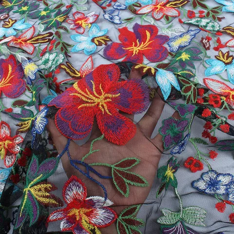 Тяжелая вышивка, крупный цветок, кружево, черная сетчатая ткань, свадебное платье с цветами материал, продается во дворе (91,5 см)
