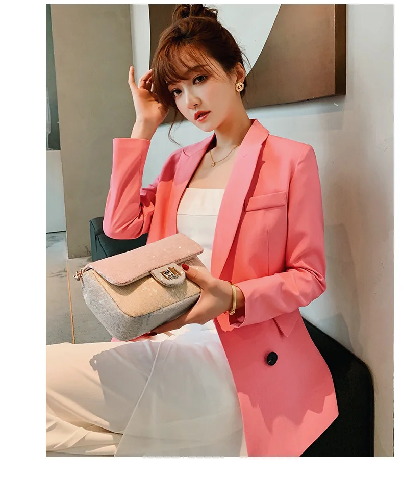 PEONFLY Блейзер Женский Двубортный повседневный рабочий костюм куртка с длинными рукавами Модные женские блейзеры одноцветное Свободное пальто XXL