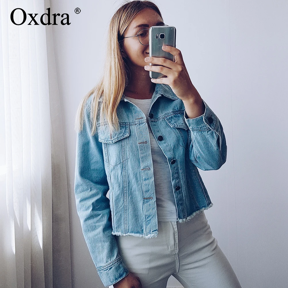 Oxdra женская джинсовая куртка одежда потертая пуговица карманы Тонкий хлопок