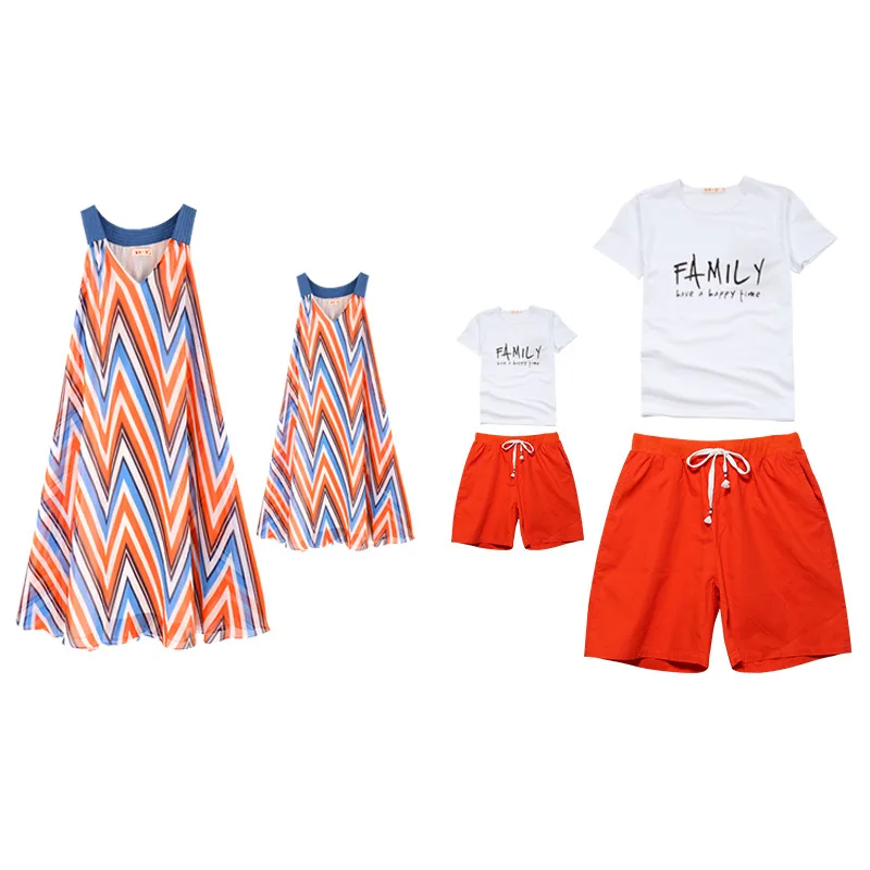 Одинаковая одежда для всей семьи летние платья мамы и дочки футболка шорты