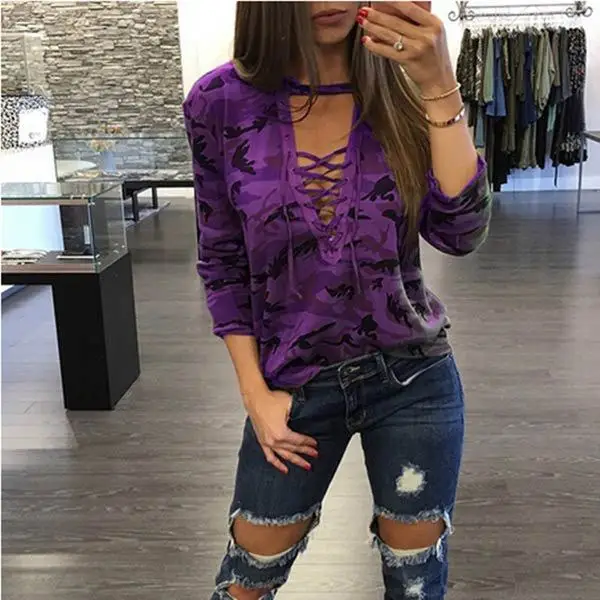 purple Женская модная одежда, камуфляжные футболки, летние сексуальные бандажные футболки с v-образным вырезом, женские офисные топы, женская футболка - Цвет: purple