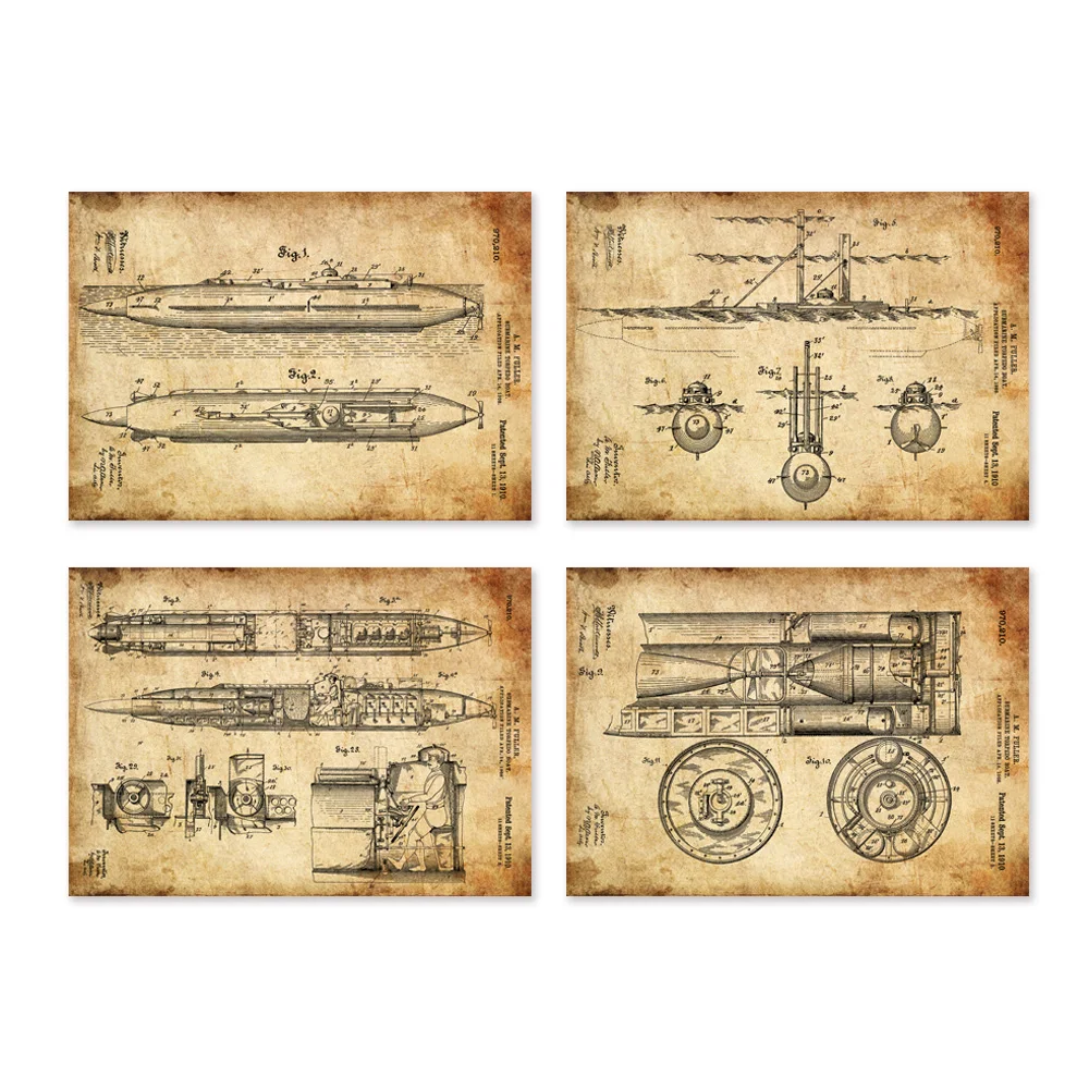 Винтажный патент на подводную лодку 1910 U-boats WW I Художественная печать военного оружия 4 в 1/edu военные постеры/Настенные декорации