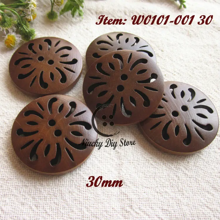 

Boutique buttons 30mm Chocolate hollow carved chrysanthemum wooden buttons big sweater buttons wholesale