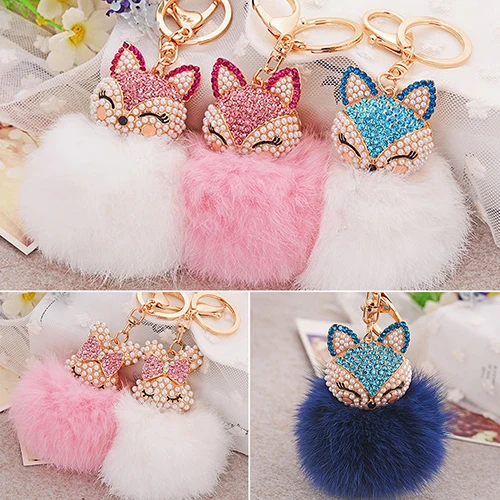 Милый подарок Bling Rhinestone лиса кролик брелок с пушистым шариком автомобильный