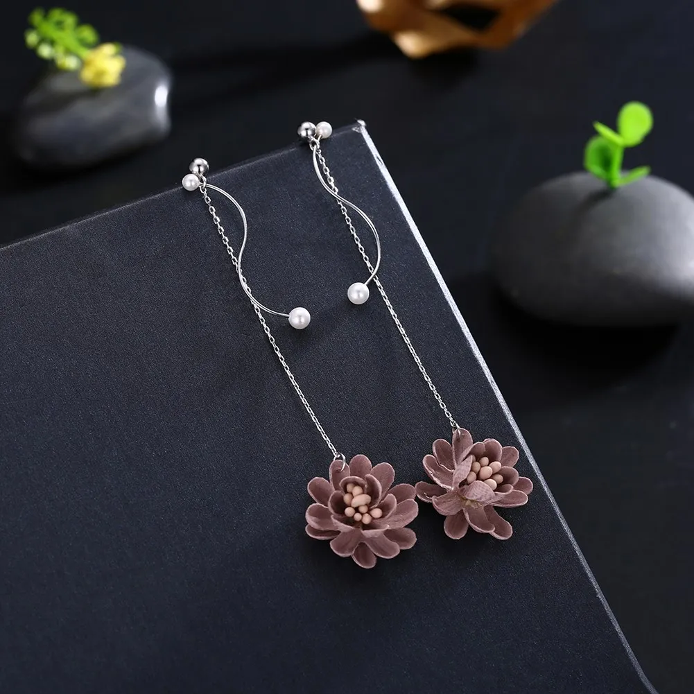 925 Sterling Silver Pink/Gray Flower Pendant Dangle Drop Earrings Women Sweet Fashion Jewelry Gifts Boucles D'oreilles | Украшения и