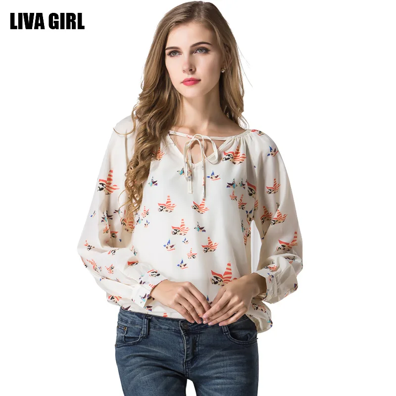 Liva girl 2017 Женщины Блузки Рубашки С Длинным рукавом Твердые V-образным Вырезом
