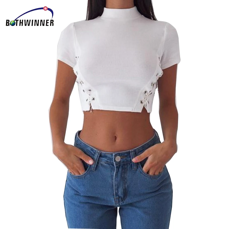 Женский короткий топ на шнуровке Bothwinner черный сексуальный с коротким рукавом