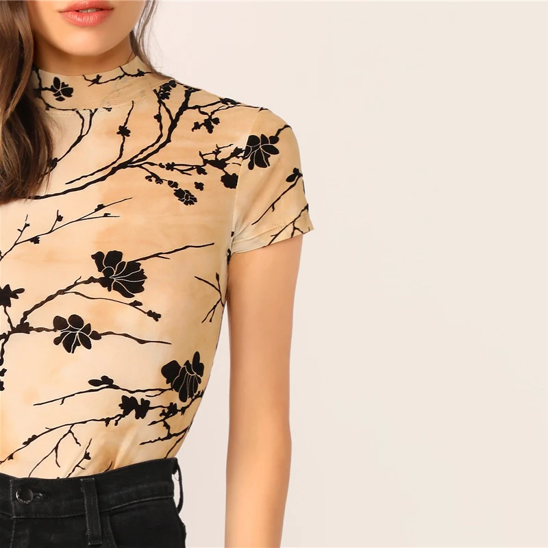SHEIN Mock Neck Tie Dye растительный принт женские сетчатые топы летние Highstreet Тощий стоячий воротник Кепка рукав кроп женская футболка