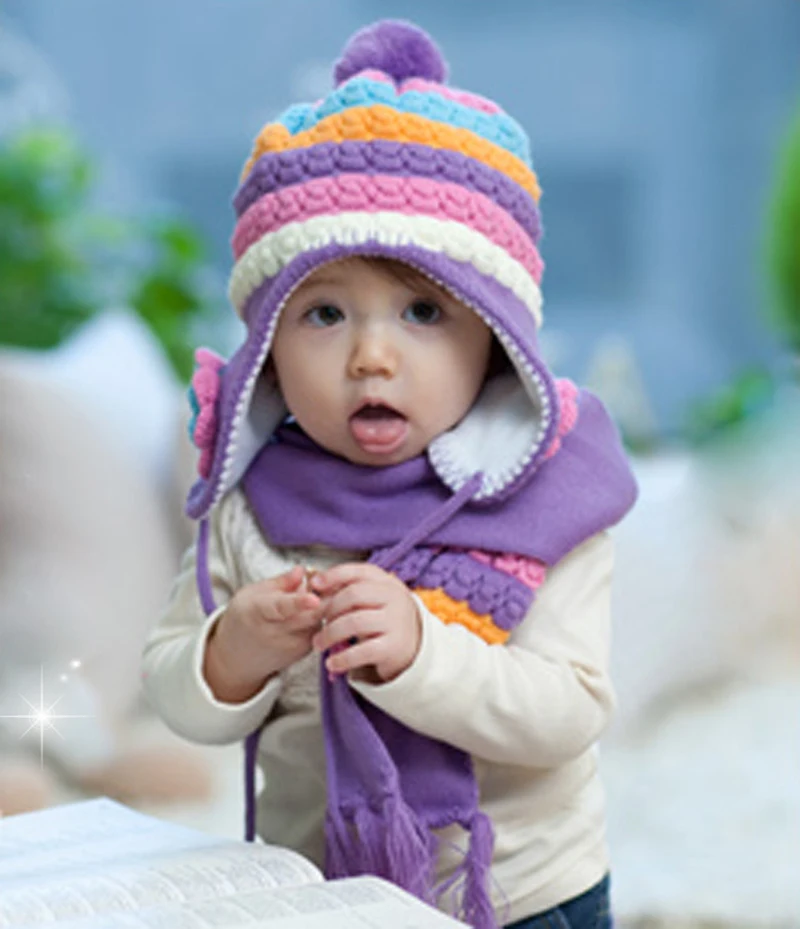 Теплая зимняя детская шапка + шарф/Детский комплект шапок вязаная шерстяная 5