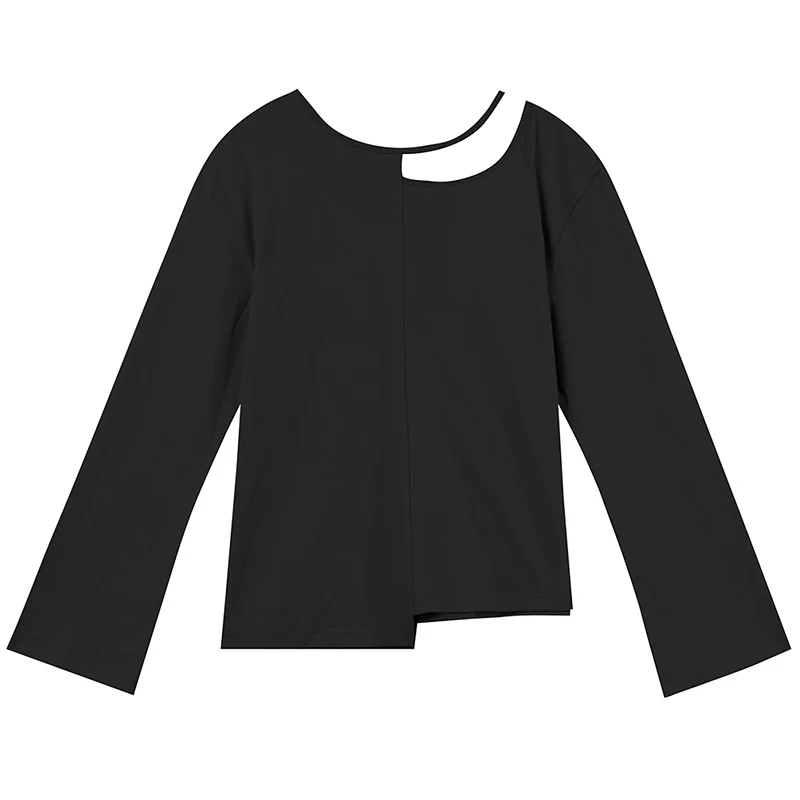 Black Женские базовые хлопковые нижнее белье, футболки, открытые однотонные короткие рубашки с длинным рукавом, асимметричные футболки с круглым вырезом, весенние топы - Цвет: Black