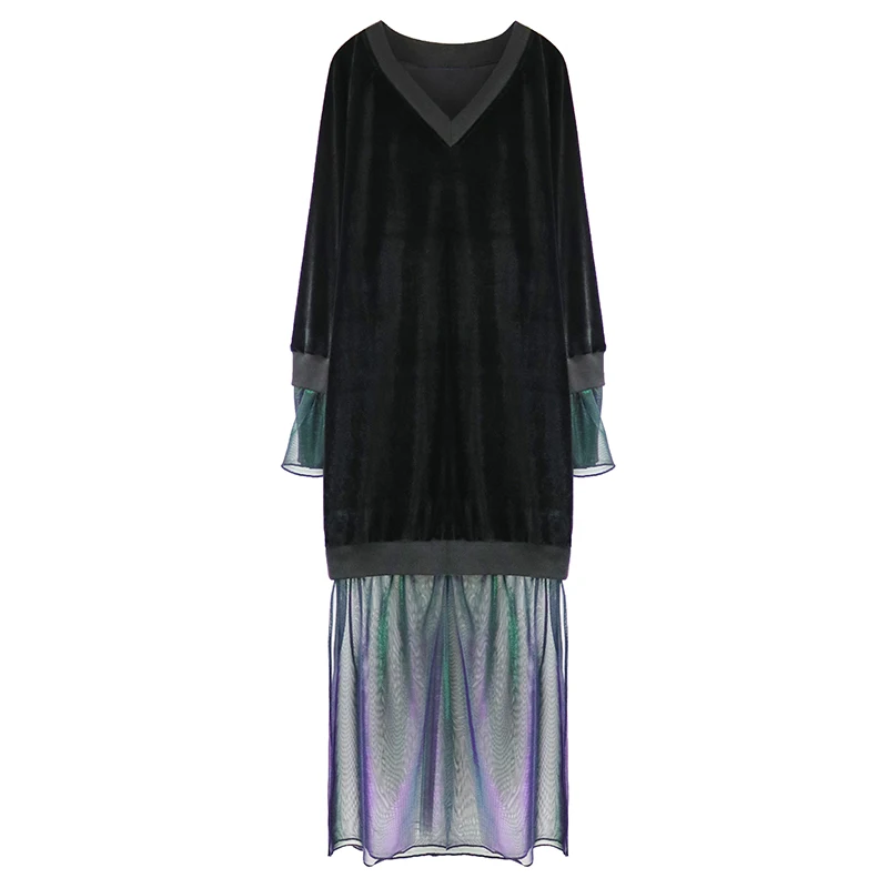 

Women Spring Autumn Novelty Personality V-Neck Flare Sleeve Loose Sexy Side Slit Velvet Gauze Patchwork Long Dress robe femme