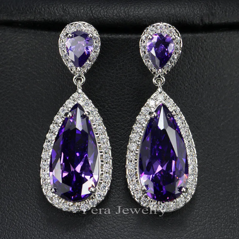 purple Pera элегантный дизайн с красными ушками ювелирные изделия серебряный цвет Большой кубический цирконий камень проложить Установка длинные висячие Висячие серьги для женщин E235 - Окраска металла: purple