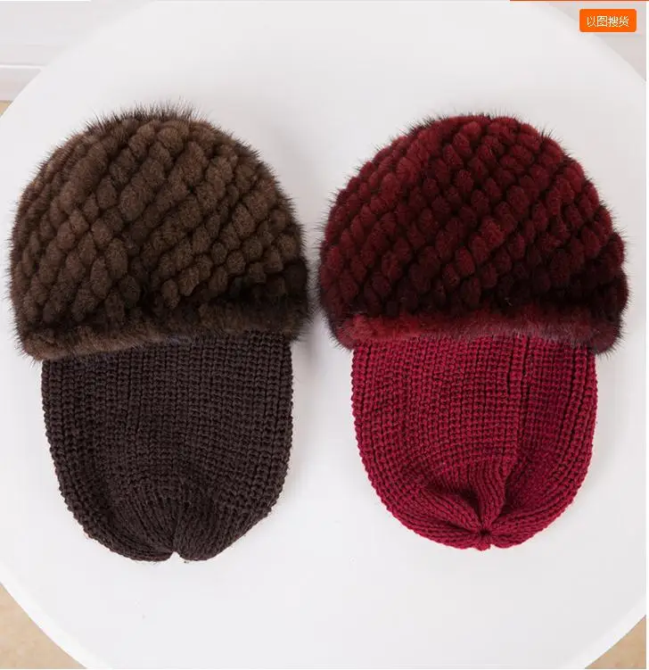 

Female Winter Plus Size Thermal Thickening Mink Fur Hat Women Mink Winter Thickening Warm Stretch Knitted Mink Fur Hat