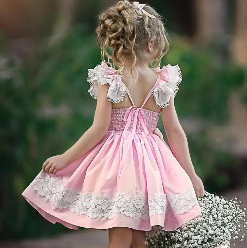 Retail 2019 Baby Girls Summer Fashion Cotton Lace Puff Sleeve Pink Dresses Princess Children Cute Dress | Детская одежда и обувь