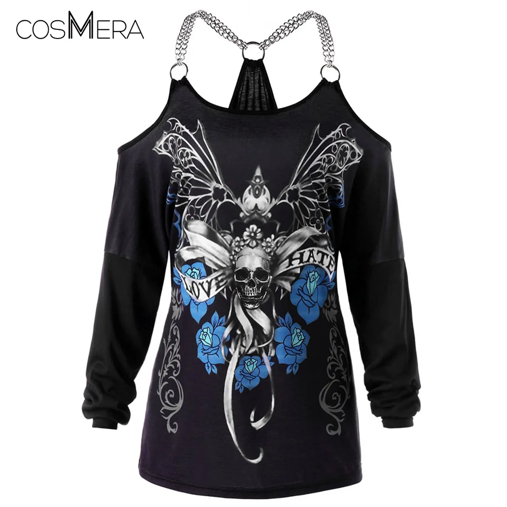 CosMera футболка с черепом женские цепочки Украшенные панк повседневные открытыми