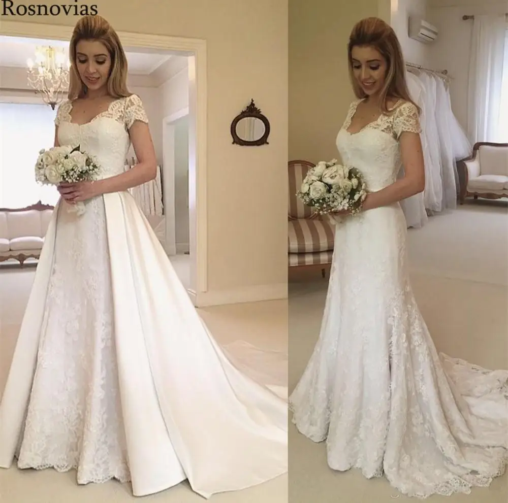 Кружевные свадебные платья русалки 2019 Длинные с v-образным вырезом и короткими