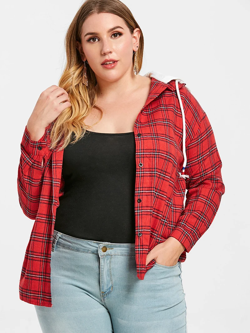 Плюс размера плюс 5XL-XL хип-хоп клетчатые футболки с капюшоном женские красные