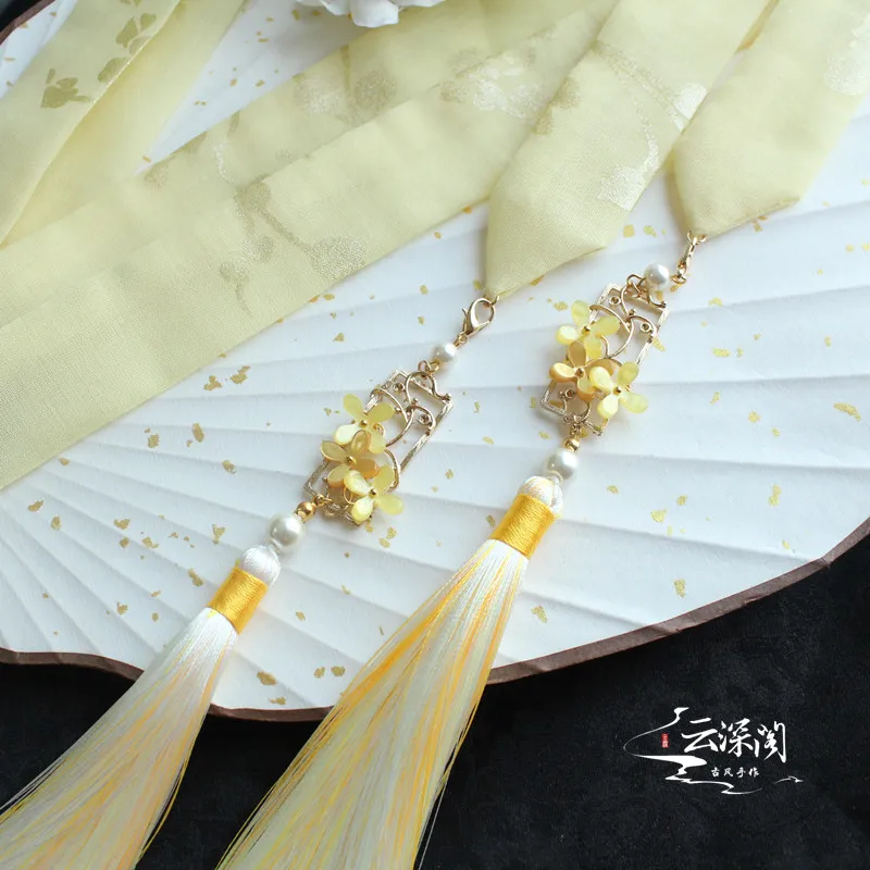 Ручной работы osmanthus желтый тиара ободок для волос Hanfu повязка для волос с кисточками древний стиль тиара аксессуары для волос полный