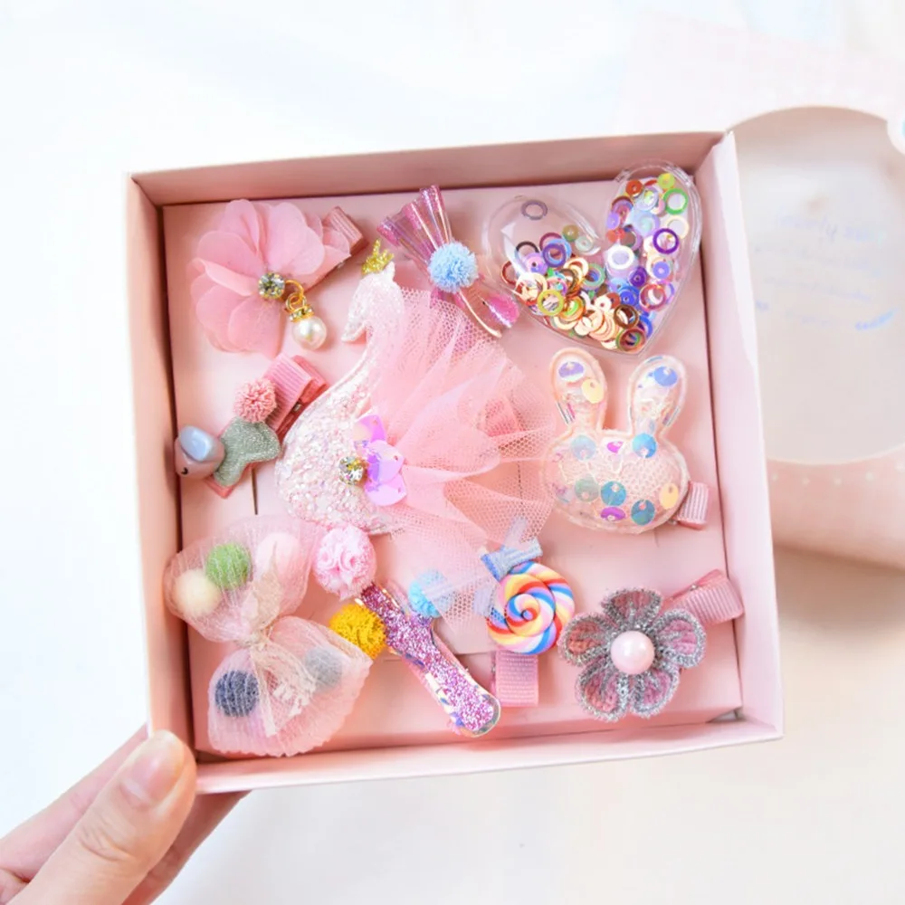 M MISM 10Pcs/Box Children Cute Hair Accessories Set Baby Bow Crown Flower Pink Hairpin Barrettes Girls Clip Hair Headdress Gift