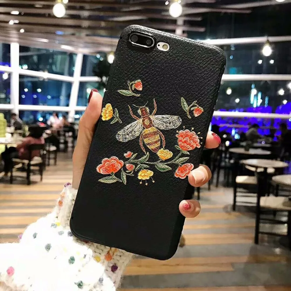 3D рельефная вышивка пчела чехол для телефона iPhone 6 8 7 текстура личи Мягкий ТПУ Plus X
