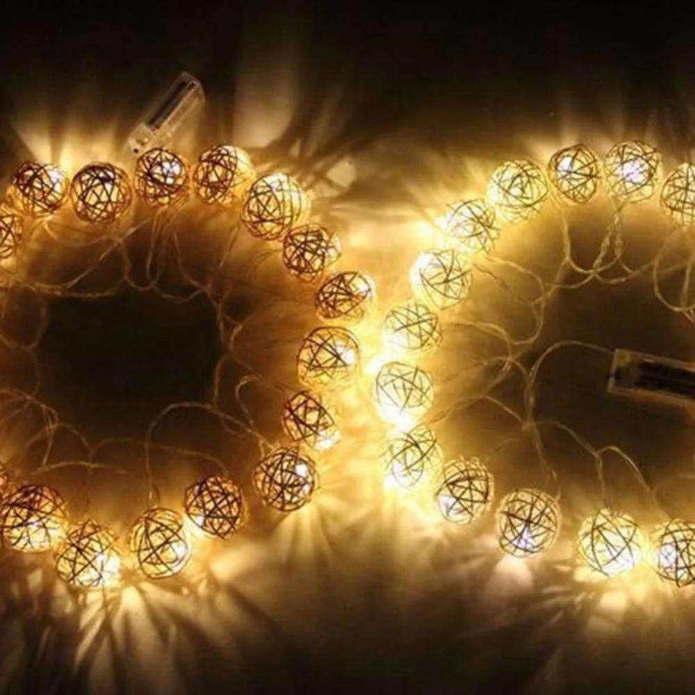 Гирлянда из 20 светодиодных шаров теплого белого цвета ротанга сказочные огни на