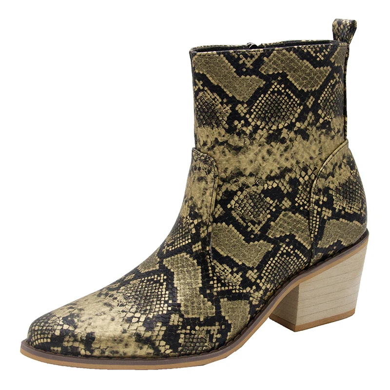 Зимние женские ботильоны из искусственной кожи со змеиным узором Женская обувь в