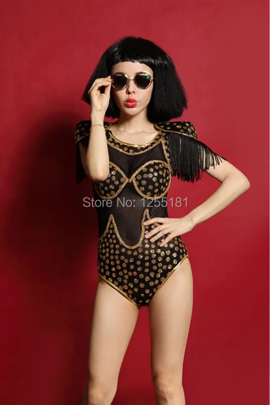 2015 new women fashion black Tassel epaulets female singer ds costume dj costumes Crystal clothes sexy one-piece bodysuit wear