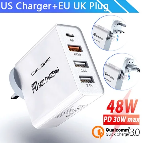 EU UK Charger 48 Вт быстрое зарядное устройство type C PD USB зарядное устройство 4 порта Быстрая зарядка QC 3,0 быстрое настенное зарядное устройство EU UK US переходник для samsung iPhone - Тип штекера: EU UK Charger