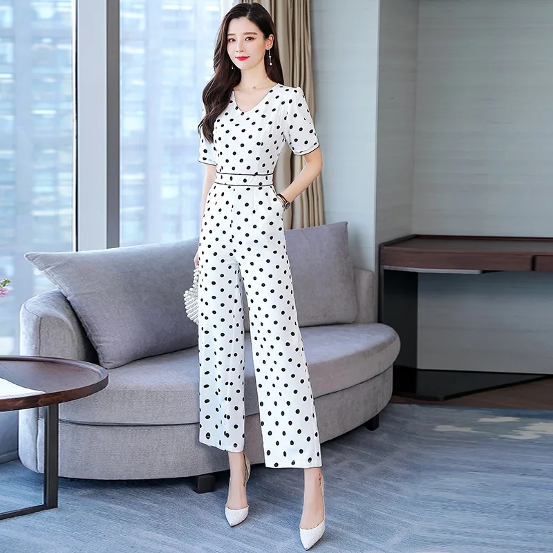 Женский Длинный комбинезон в горошек повседневный с коротким рукавом и широкими