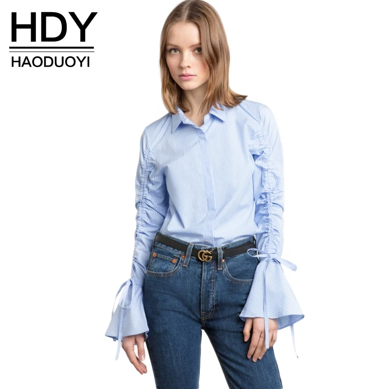 Женская блузка HDY Haoduoyi в полоску с отложным воротником и рукавами фонариками