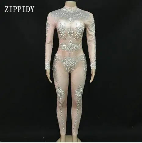 nude jumpsuit Блестящий Комбинезон со стразами сексуальный костюм для женщин сценический танцевальный сетчатый Панорамное боди для ночного клуба шоу одежда YOUDU - Цвет: nude jumpsuit